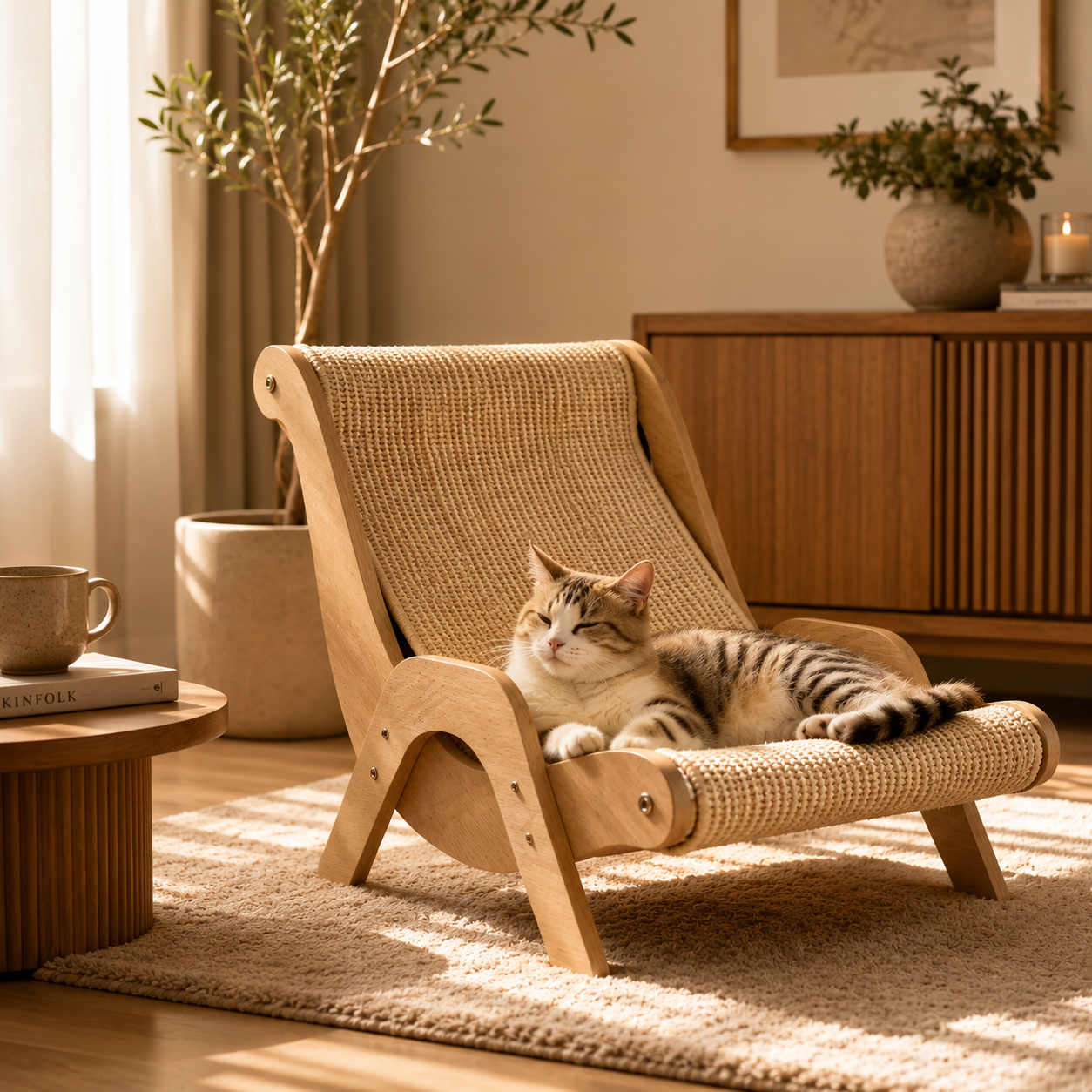 Elevated Cat Bed with Sisal Scratcher – Wooden Cat Hammock & Lounge